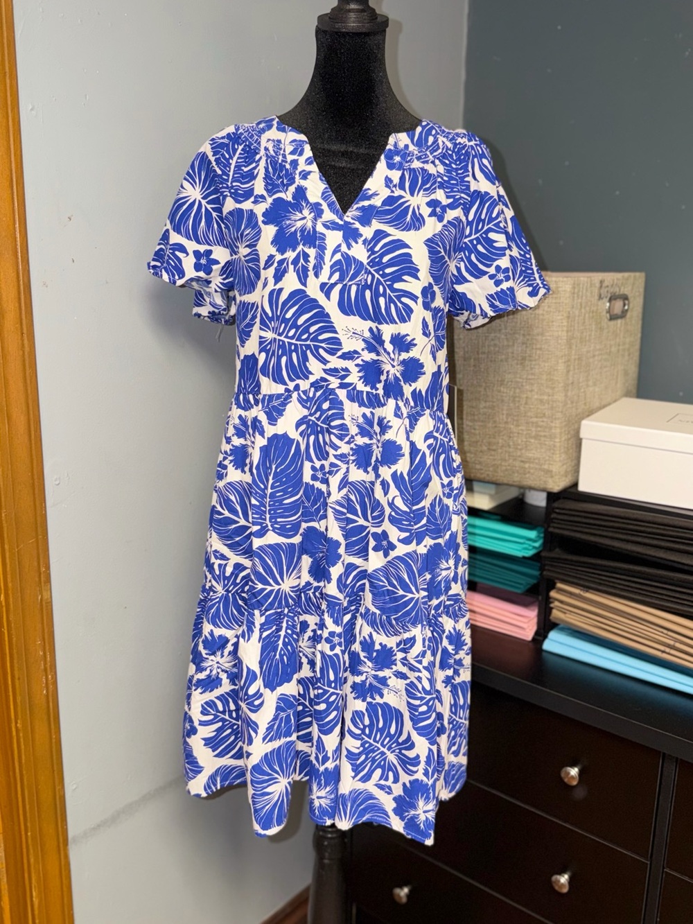 Blue & White Floral V-Neck Women’s Dress
